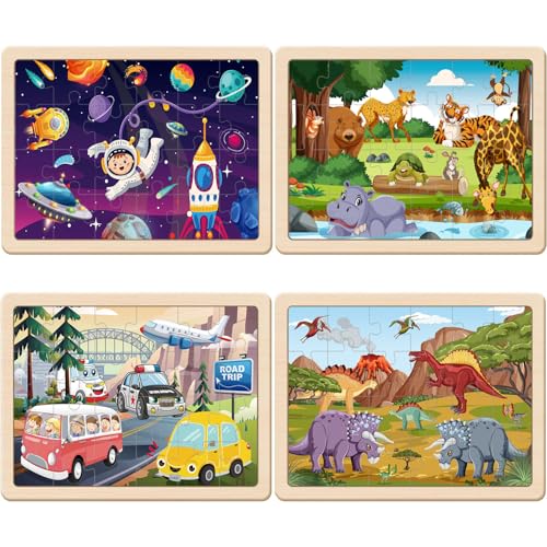 Puzzles for Kids Ages 4-6, 4 Packs 24 Piece Wooden Jigsaw Puzzle for Toddlers 3-5, Preschool Educational Toys Gifts for Boys and Girls - color: Dinosaurs Space