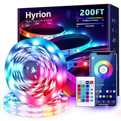 hyrion LED Strip Lights 200ft, Music Sync LED Lights Strip for Bedroom, RGB Color Changing Bluetooth LED Lights with Remote,Smart APP Control | Enjoy Color Changing Lighting with Music Sync, DIY Scene Modes, and Smart App or Remote Control for Indoor Deco