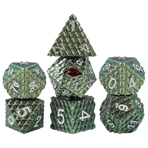 7pcs Dragon Scale Dice Set,Dragon Eye Metal Dice with Gift Metal Box for TTRPG Tabletop Gaming,Dungeon Masters,RPG Adventures(Grass Green & Red Eye) - color: Grass Green & Red Eye