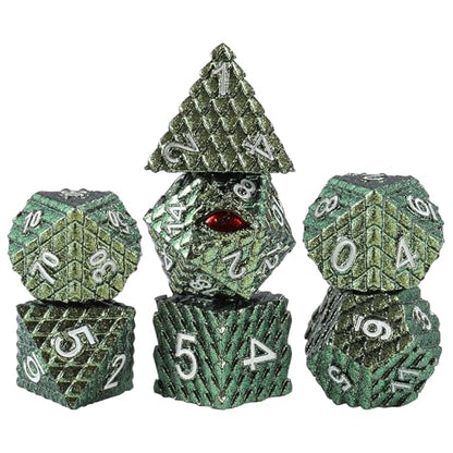 7pcs Dragon Scale Dice Set,Dragon Eye Metal Dice with Gift Metal Box for TTRPG Tabletop Gaming,Dungeon Masters,RPG Adventures(Grass Green & Red Eye) - color: Grass Green & Red Eye