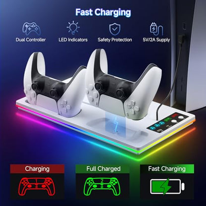 PS 5 Cooling Station Stand RGB with Dual Controller Charging Station for PS 5 Console, PS 5 Accessories Incl. Controller Charger, Cooling Fan, Headset Holder, 3 USB Hub - color: RGB-white