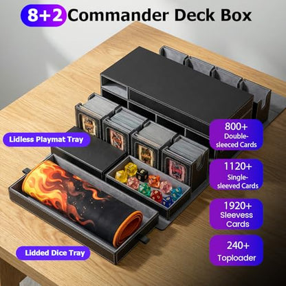 Mtg Commander Deck Box with Handle, 8Removable Deck Modular and 2Dice Trays | Holds 1040+Double-Sleeved Cards,Play mat Storage,Magnetic Lock,Magnetic Holders, Dividers Included,Display Window,Fit TCG/EDH - color: Black Grey, style: 8-Deck Modular Card Cas