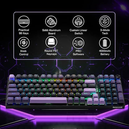 Redragon K740 PRO Wireless RGB Gaming Keyboard, Aluminum Base & Knob, 95% | Rock-Solid Metal Build, Multi-Function Control Wheel, Creamy Custom Switch, Swap-Ready Socket, Fade-Resistant PBT Keycap - color: Purple Rain, size: 98 Keys
