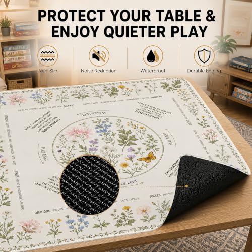 Wildflower Garden Mahjong Mat with Rules Non-Slip Noise Reduction Gaming Mats with Carrying Bag, American Mahjong Table Cover for Poker Board Card Games Dominoes, 31.5” x 31.5” - color: Wildflower Garden