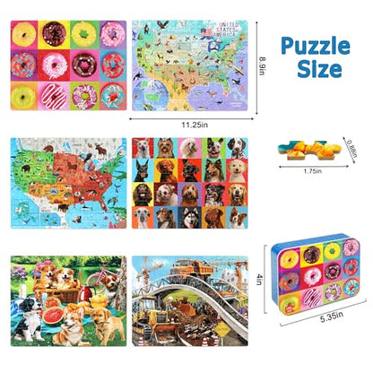 LELEMON Puzzles for Kids Ages 4-6,6 Pack 100 Piece Puzzles for Kids Ages 4-8 in a Metal Box,Educational Jigsaw Puzzles Puzzle Games Puzzle Toys for Girls and Boys - color: 6 Pack 100 Piece Puzzle 1