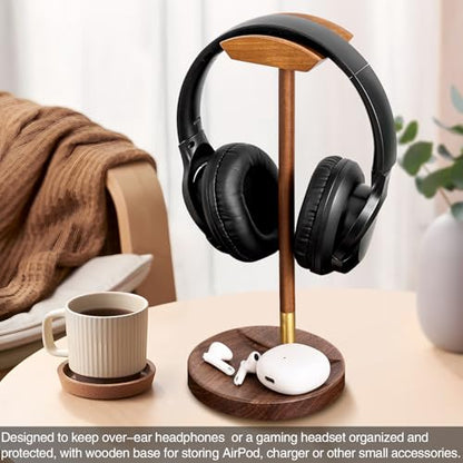 Headphone Stand for Desk, Solid Wood Headset Hanger Gaming Holder, Desktop Earphone Artful Functional Craftsmanship Stand for All Headsets with Solid Wooden Base