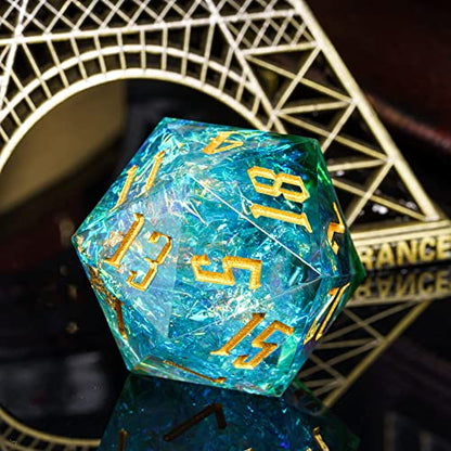 Cusdie Single D20 DND Dice with Sharp Edges and Glitter Foil Inclusions, 20 Sided D&D Dice, 33mm Handcrafted Polyhedral Dice, for Role Playing Game (Aqua) - color: Aqua Blue