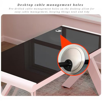 Tempered Glass Computer Desk, Modern Home Office Desk Personal Workstation with X-Shaped Metal Frame, Student Writing Desk Gaming Desk with Cable Management(120cm/47, Black B) - color: Black B, size: 120cm/47"