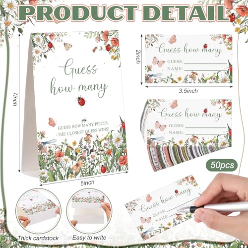 Ladybug Garden Guess How Many Baby Shower Game Pack of 1 Tabletop Sign with Stand and 50 How Many Cards, Wildflower Insect Themed Party Game Decorations - style: Ladybug Garden