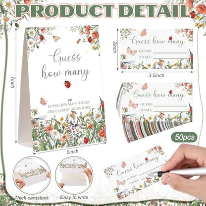 Ladybug Garden Guess How Many Baby Shower Game Pack of 1 Tabletop Sign with Stand and 50 How Many Cards, Wildflower Insect Themed Party Game Decorations - style: Ladybug Garden