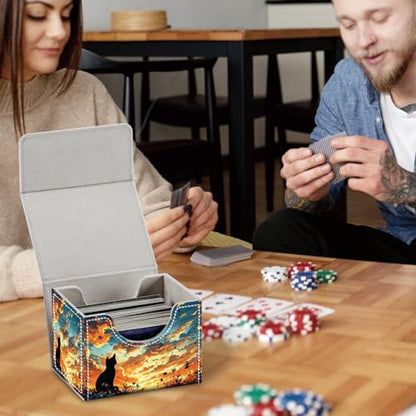 Commander Deck Box for Trading Cards - Fits 100+ Double Sleeved Cards, PU Leather MTG TCG Storage Case with Strong Magnetic Closure, Cat Watching Sky - color: Cat Watching Sky