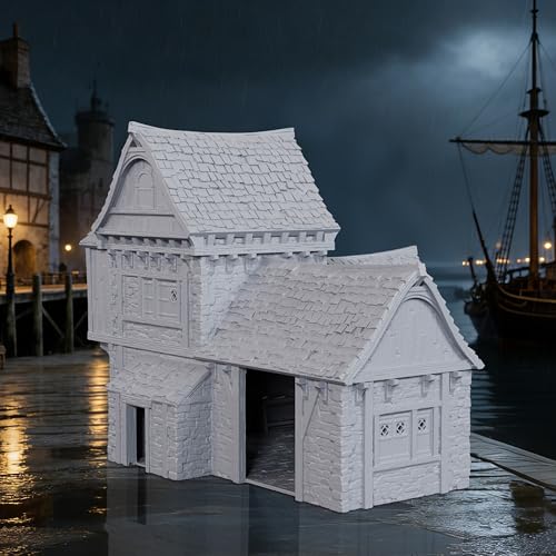 AUSPDICE DND Terrain 25mm 3피스 도크 빌딩, 도색되지 않은 TTRPG 풍경 | 1:64 스케일 멀티 레벨 하버 하우스, 탈착식 지붕 섹션과 던전 앤 드래곤을 위한 디테일한 내부 - AF1154I - color: Af1154i Dock Buildings I