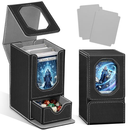 Card Deck Box for MTG Commander, Fits 100+ Double-Sleeved Cards Card Case | with Detachable Dice Tray, 2 Dividers, Removable lid, Trading Card Storage Box, Sturdy and Durable, Fits TCG/PTCG/Sports Card - color: Black and Light Gray