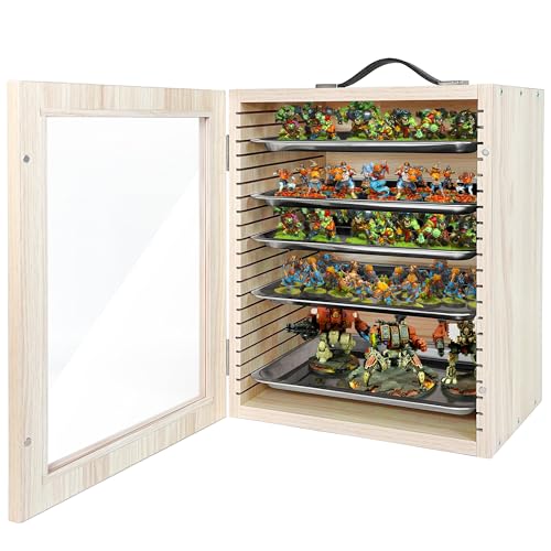 Miniature Storage Case for Collectibles Miniatures, Wooden Miniature Carrying Case with 5 Metal Trays, Miniatures Transport Case - color: Oak