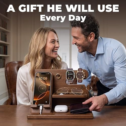 TESLYAR Wood Phone Docking Station for Men - Desk or Nightstand Organizer - Birthday Gifts for Husband or Dad - Anniversary Idea from Wife - Key Holder, Stand Wallet, Watch & Essentials (Earth Beige) | Mens Bedside Organiser with Key Holder, Wallet & Watc