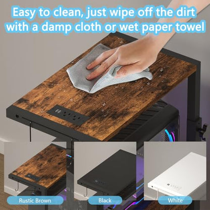 Computer Tower Stand with LED Light Strip,Mobile Rolling | CPU Holder,Height Adjustable PC Tower Stand with Charging Station for Office Home (Rustic Brown) - color: Rustic Brown, size: 19.29'' × 11.42'