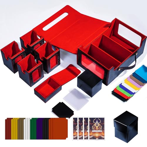 Commander Deck Box for MTG, 6-Deck Modular Card Case with Dice Tray, Holds 600+ Double-Sleeved Cards and 35PT Magnetic Card Holders for Trading Cards & TCG Collections Black/Red - color: Black&Red - Clutch Texture