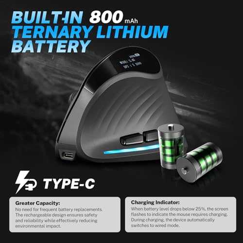 Gaming Mouse with Display, Wireless Vertical Ergonomic Mouse with Tri-Mode Connectivity, 7 Programmable RGB Buttons, 4000 DPI, Rechargeable for PC Laptop Mac - color: Gray