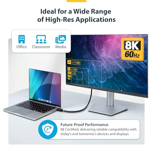 StarTech 3ft Ultra High Speed HDMI Cable, 8K 60Hz, HDR10+, 48Gbps | 8K 60Hz/4K 120Hz, HDMI 2.1 Cord with HDR10+ / eARC, Certified, HDMI21-CBL-8K60-3F, 91cm - size: 3 ft