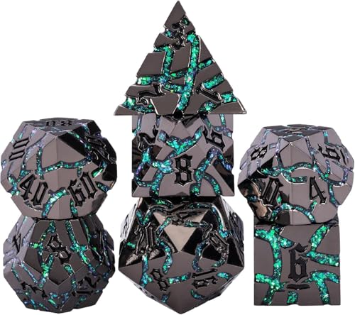 Cracked Rune Metal Dice Set for DND & RPG – Dark Fantasy Fractured Design, Premium Heavy Metal Polyhedral Dice with Deep Engraved Numbers, 7-Piece Set – Green Mystic Vein - color: Black Nickel Green