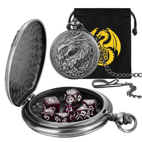 Mini DND Dice Set, 7-Piece Polyhedral Acrylic D&D Dice, with Steampunk Dragon Large Pocket Watch Case, DND Gift Bag with Dragon Logo, Role Play Board Game Accessories, Dark Silver + Purple - color: Silver + Purple