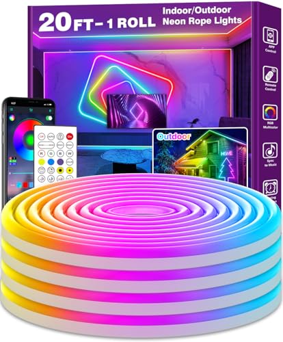 AILBTON 20Ft Neon Rope Lights,Flexible Led Rope Lights Control with App/Remote,Multiple Modes Music Sync Gaming RGB Led Neon Lights for Bedroom Outdoor - size: 20FT