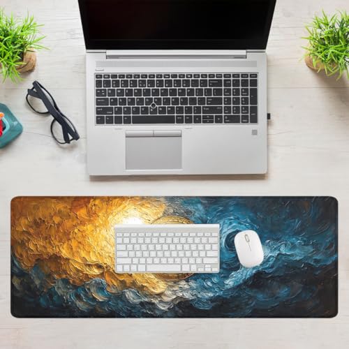 Abstract Mouse Pad Oil Painting Gold Blue Waves Large Gaming Mouse Mat with Stitched Edges,Non-Slip Waterproof Rubber Base Mous Mat Office Computer Keyboard Laptop 31.5x11.8 Inch - color: Abstract_01, size: 31.5L x 11.8W inches