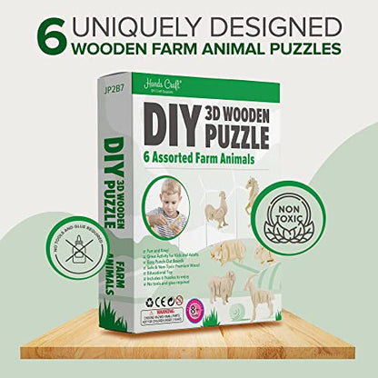 Hands Craft DIY 3D Wooden Puzzle – 6 Assorted Farm Animals Bundle Pack Set Brain Teaser Puzzles Educational STEM Toy Adults and Kids to Build Safe and Non-Toxic Easy Punch Out Premium Wood JP2B7 - color: Farm Animals