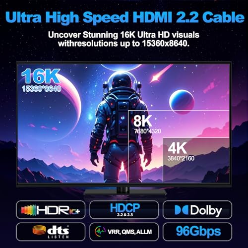 16K 10K 8K HDMI 2.2 Cable 16FT/5M, 96Gbps Ultra High Speed Hdmi Braided Cord Support 16K@60Hz 8K@240Hz 4K@480Hz, HDCP 2.2 & 2.3, HDR 10,eARC, DTS:X, for Roku TV/PS5/Blu-ray, Home Theater - size: 16FT