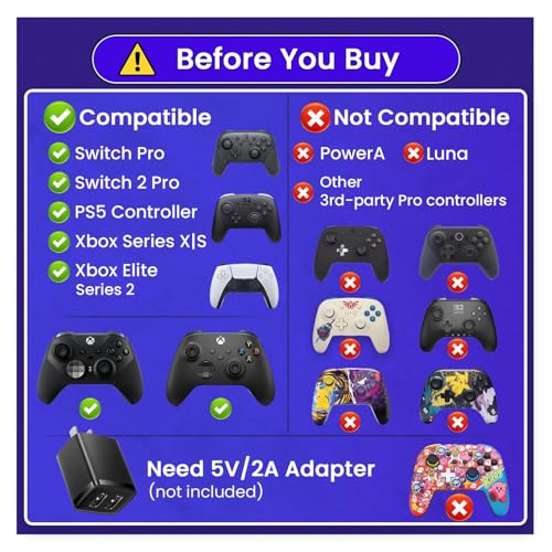 Dual Controller Charger for Switch 2 Pro, Switch Pro, PS5 & Xbox Series X/S | Charges two USB-C controllers for Switch 2 Pro, Switch Pro, PS5 or Xbox Series X/S; third-party controller fit mayvary