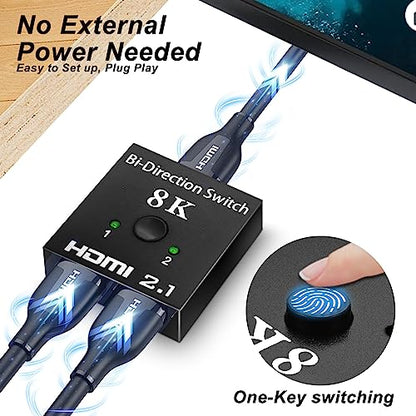 HDMI 2.1 Switch 48Gbps, Bi-Directional Manual HDMI Switcher 2 in 1 Out / 1 in 2 Out, Supports 8K@60Hz 4K@120Hz, VRR HDR10+ Dolby Vision, for PS5 PS4 Xbox PC TV Monitor