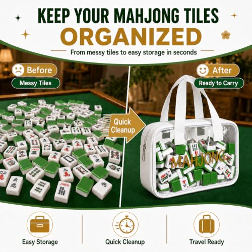Empty Mahjong Tile Bag American Clear Mahjong Case with Zipper | PVC Mahjong Bag Storage 166 Tiles Waterproof Holder with Handles Letters Printed for Game Days Gift Travel White Case Only - color: White