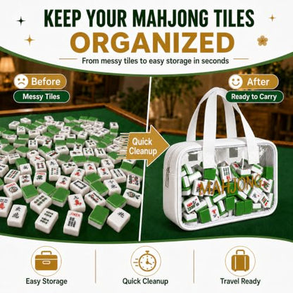Empty Mahjong Tile Bag American Clear Mahjong Case with Zipper | PVC Mahjong Bag Storage 166 Tiles Waterproof Holder with Handles Letters Printed for Game Days Gift Travel White Case Only - color: White