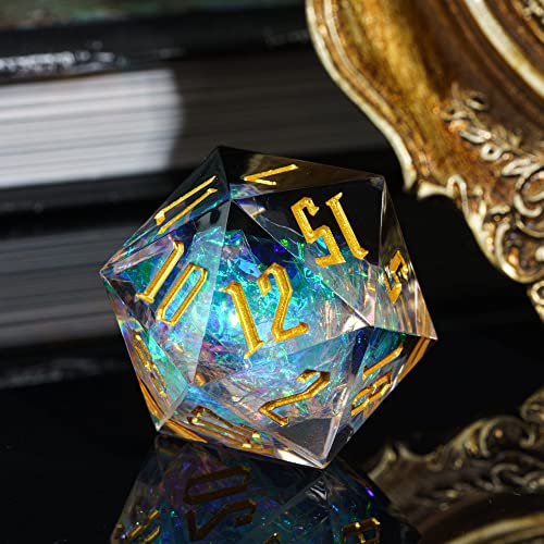Cusdie Single D20 DND Dice with Sharp Edges and Glitter Foil Inclusions, 20 Sided D&D Dice, 33mm Handcrafted, for Role Playing Game (Black/T) - color: Black Transparent