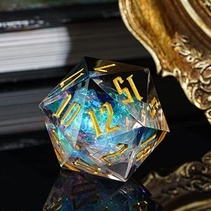 Cusdie Single D20 DND Dice with Sharp Edges and Glitter Foil Inclusions, 20 Sided D&D Dice, 33mm Handcrafted, for Role Playing Game (Black/T) - color: Black Transparent