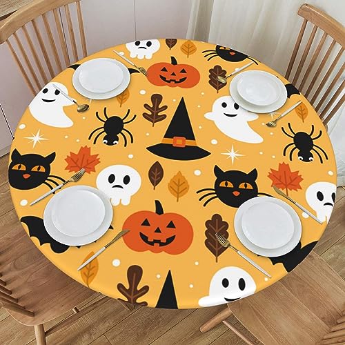 Delerain Halloween Ghost Pumpkin Round Fitted Tablecloth, Waterproof Round Table Cloth with Elastic Edged Washable Table Cover for Indoor Outdoor Fits 45"-50" Tables, Medium - color: Halloween Ghost Pumpkin, size: 50" (Round)