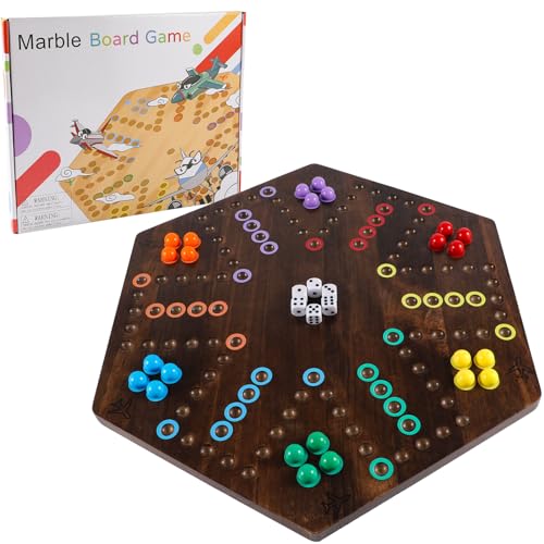 20 inches Wood Wahoo Board Game 2 Sided 4-6 Player(Large,Brown) | solid wooden wahoo marble board game with marbles and dice; fit party game night and indoor group entertainment - color: Large, Rustic Brown