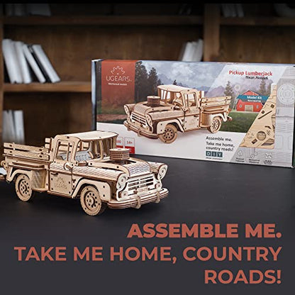 UGEARS Wooden 3D Puzzles for Adults - Pickup Lumberjack Model Car Kits 3D Puzzle Adult Crafts - Mechanical Wooden Model Kits for Adults Retro Chevrolet 3100 Inspired - style: Pickup Lumberjack