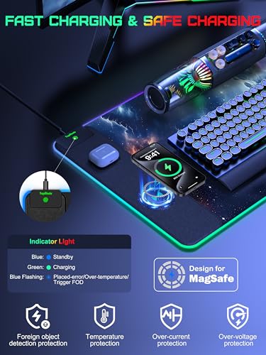 Wireless Charging Mouse Pad, RGB Gaming Mousepad Home Office Desk Pad, 31.5” x 15.8” XXL Large Desk Mat, Waterproof Keyboard Pad, Blue Nebula(Includes 20W PD Power Adapter & 6.56ft Woven Cable) - color: Upgraded Rgb - Blue Nebula With Adapter