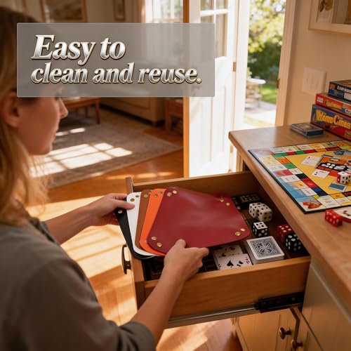 5 Pack Tray Catchall Dishes Mat Bundle with Rolling Cubes Dice & Card Game | Smooth PU Leather, Four-Corner Snap Assembly, Spill Resistant Surface, Compact Foldaway Storage, Lightweight, Damp Cloth Wipe