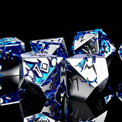 D&D Metal Dice Set, 7 Die Weighted Polyhedral Dice for Dungeons and Dragons and Pathfinder, Blue Dragon Engraved RPG Dice with Easy Read Numbers & Protective Gift Box for Tabletop Role Playing Games - color: Silver Black