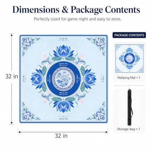 Blue Floral Mahjong Mat,Non Slip American Mah Jongg Table Mat | 32in soft neoprene mah jongg mat reduces tile noise protects tabletops & packs easily for game nights or a thoughtful gift - color: 015