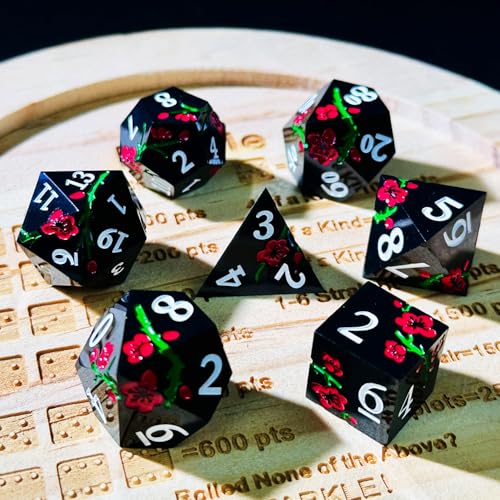 HAOMEJA Resin Flower Dice Set 7pcs/ Sharp Edged Polyhedral Dice/Apply to D&D/DND/RPG-MTG/Role Playing Table Game/Easter/Halloween Party Gift (Black) - color: 7 Black