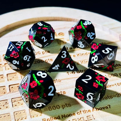 HAOMEJA Resin Flower Dice Set 7pcs/ Sharp Edged Polyhedral Dice/Apply to D&D/DND/RPG-MTG/Role Playing Table Game/Easter/Halloween Party Gift (Black) - color: 7 Black