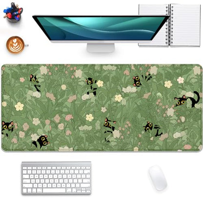 Cute Cats Desk Pad Mouse Pad,Sage Green Plants Flowers Floral Mouse Mat Large,Stitched Edges Non-Slip Waterproof Rubber Base Mous Mat for Office Home Work Gaming(27.5X11.8 in) - color: Cute Cats Green Plants
