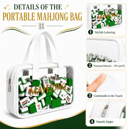 Empty Mahjong Tile Bag American Clear Mahjong Case with Zipper | PVC Mahjong Bag Storage 166 Tiles Waterproof Holder with Handles Letters Printed for Game Days Gift Travel White Case Only - color: White