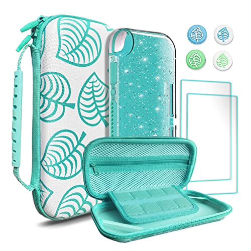 TIKOdirect Carrying Case for Switch lite, Shockproof Portable Travel Bag with Glitter Galaxy cover, Screen Protectors and Cute Leaf Thumb Grips Caps, Animal Crossing Green - color: Animal Crossing Green