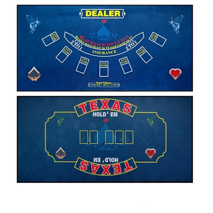 2-in-1 Casino Night Poker Mat, 36"x72" Double-Sided Texas Hold'em & Blackjack Felt Table Cover, Non-Slip Steel Clamps Included, Perfect for Game Night, Home & Casino Parties - color: Blue