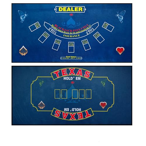 2-in-1 Casino Night Poker Mat, 36"x72" Double-Sided Texas Hold'em & Blackjack Felt Table Cover, Non-Slip Steel Clamps Included, Perfect for Game Night, Home & Casino Parties - color: Blue