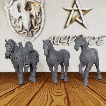 3-Piece Set Unpainted Resin Mounts for Tabletop RPG Game - 28mm Scale Fantasy Animals for Dungeon Masters & RPG Gift - TTRPG Minis Figurine for DND Miniatures - Horses(AS525)